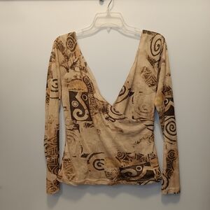 Vintage OJAY Long Sleeve V-neck Wrap Top Bold Abstract Print in shades of brown